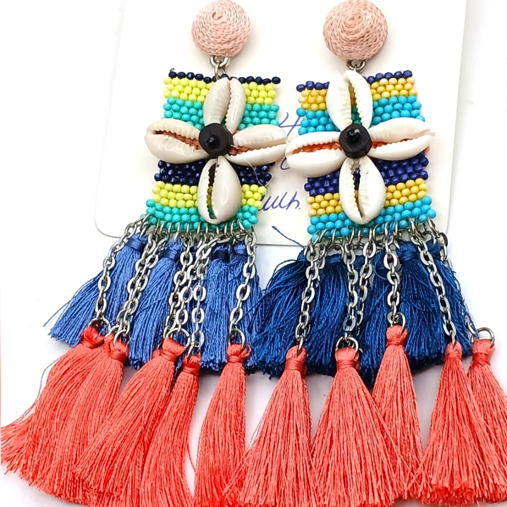 Cowrie Shells BEADED Fringe Chain Chunky Statement Earrings NEW
